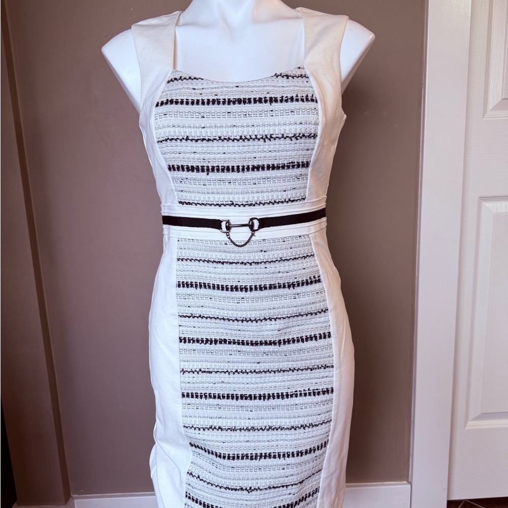 White House Black Market Black White Tweed Sheath Dress Sleeveless Knee Length